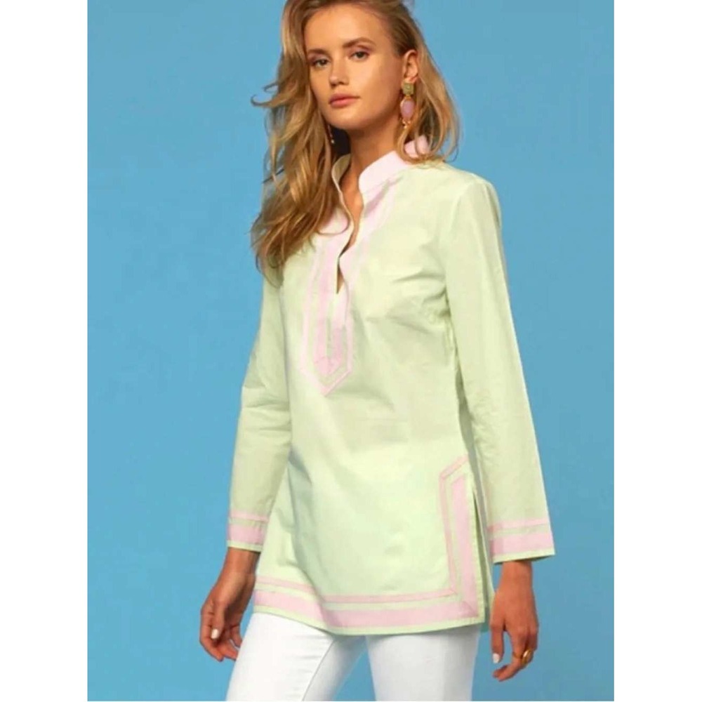 NICOBLU Capri Tunic Medium Green Pink Trim Cotton Long Sleeve V-Neck Top Flaw